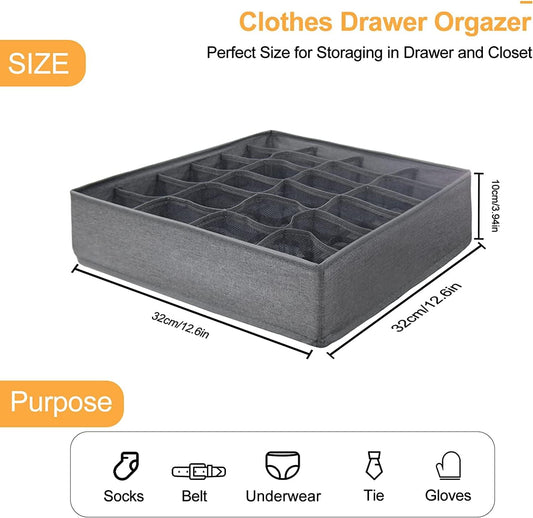 Gray fabric drawer organizer with open compartment grid and foldable frame