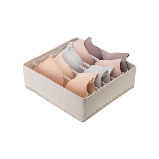 Foldable drawer organizer with 7 divider cells, beige and gray fabric