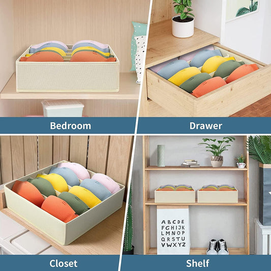 Foldable drawer organizer with multiple compartments holding folded socks and underwear