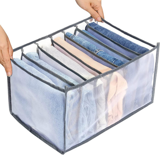 Gray foldable clothes organizer bin with handle and interior divider rows