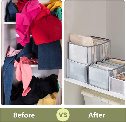 Foldable gray clothes organizer with 7 grid compartments and open top