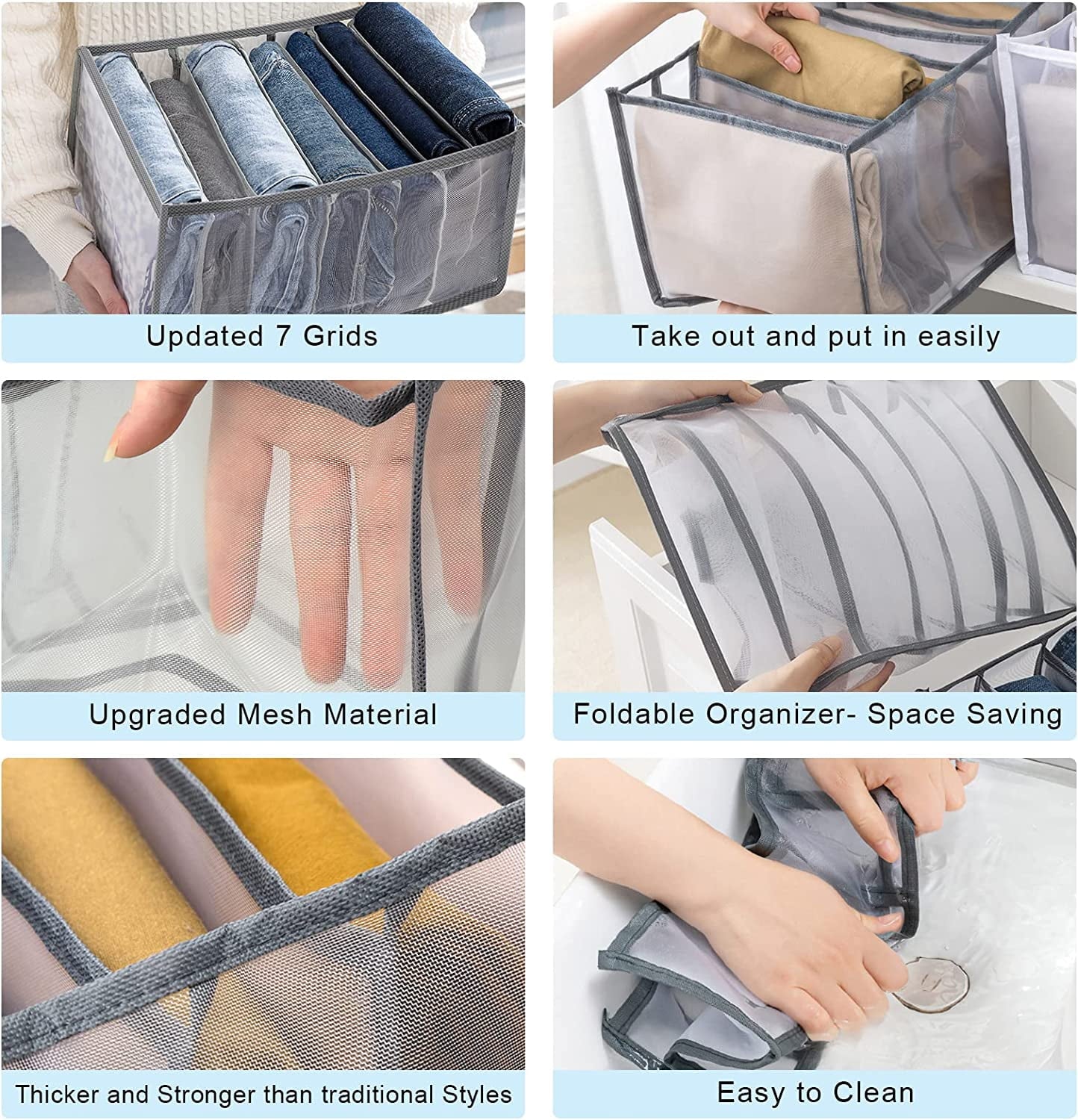 Tutuviw Wardrobe Clothes Organizer for Jeans, Upgraded Drawer Organizers for Clothing with Handle Foldable, Drawer Organizers Clothes(Gray,1PCS-M) 1PCS-7 Cell(L)