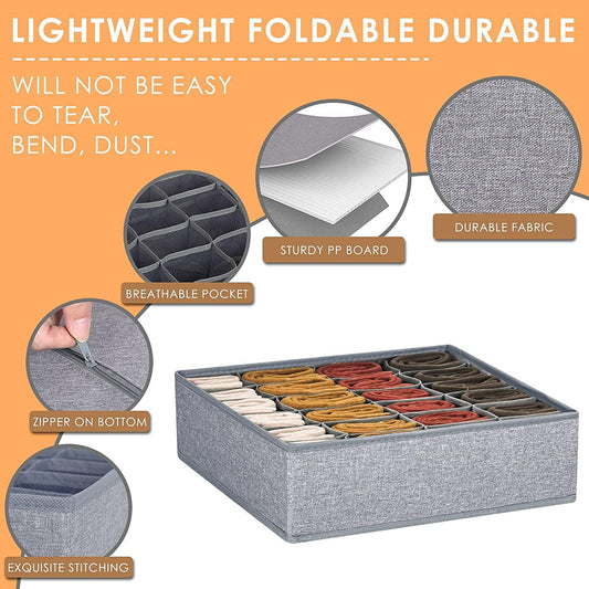 Gray foldable drawer organizer with handle, divided fabric cells for clothing storage