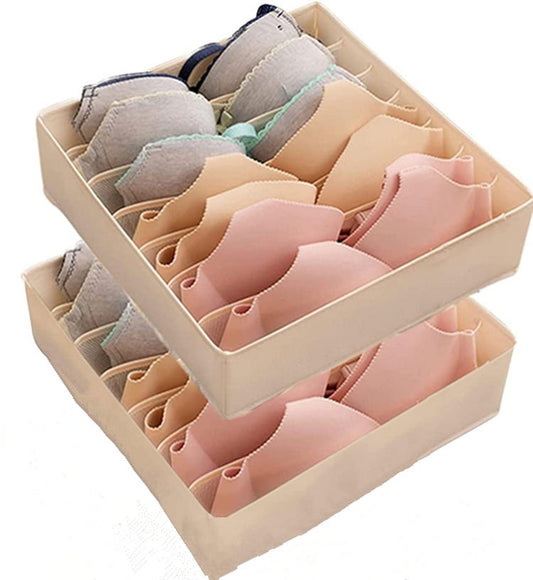 Foldable gray drawer organizer with handle and 7-cell dividers for socks