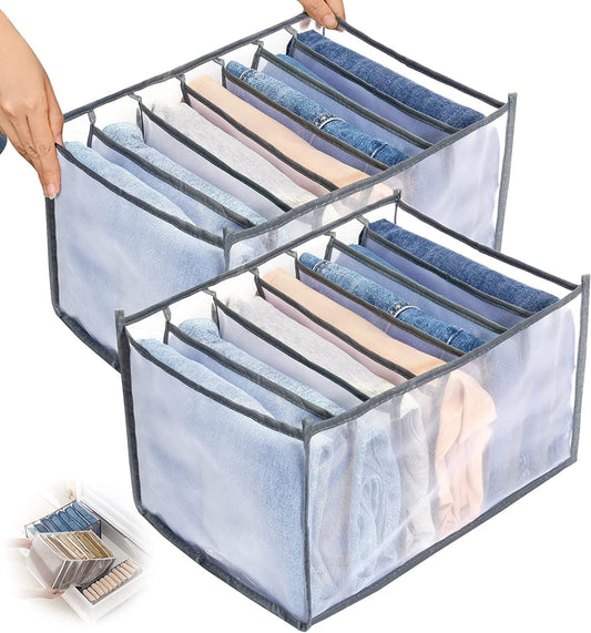 Gray foldable closet drawer organizer with handle, divided into multiple compartments
