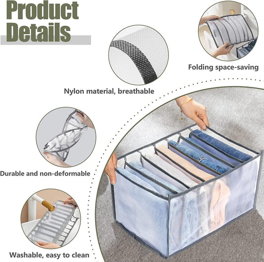 Gray foldable drawer organizer with handle, showing breathable mesh material and grids