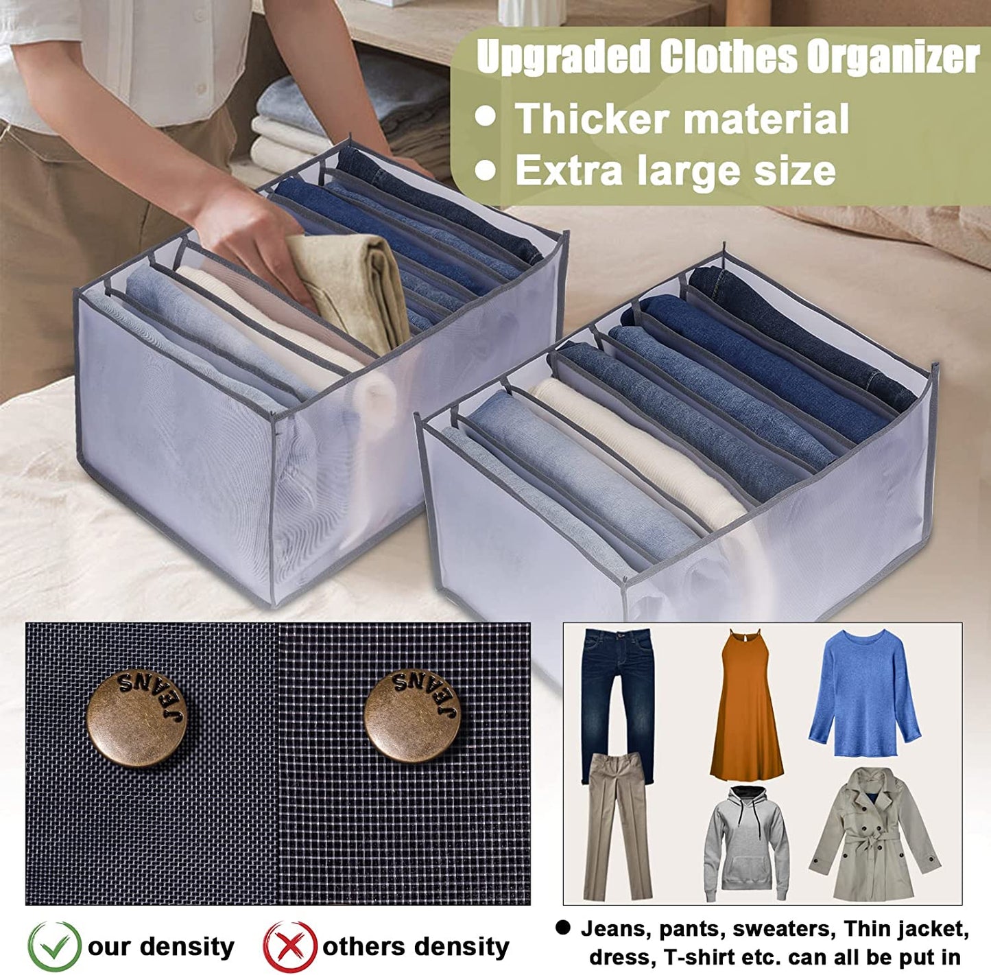 Tutuviw Wardrobe Clothes Organizer for Jeans, Upgraded Drawer Organizers for Clothing with Handle Foldable, Drawer Organizers Clothes(Gray,1PCS-M) 2PCS-7 Cell(L+ M)