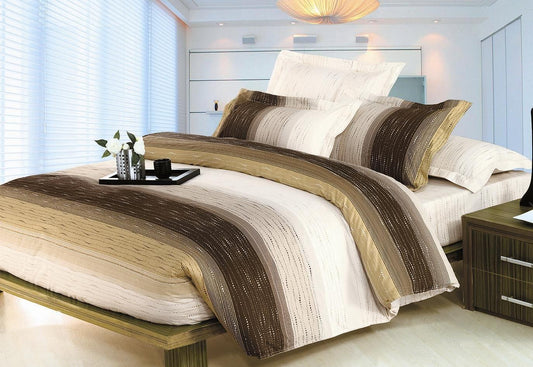 Queen duvet quilt cover set with white base and brown-gold stripe panels, matching pillow shams