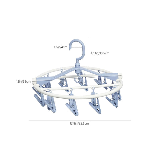 Round clothing rack with curved handle and blue clip arms, white frame