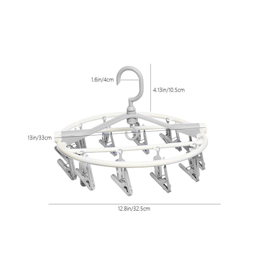 Round clothes drying rack with curved hanger bar and 20 spring clips, gray and white