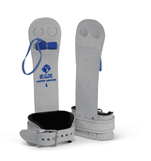 Gray uneven bar grips with padded cuffs, blue loops, and adjustable buckle strap