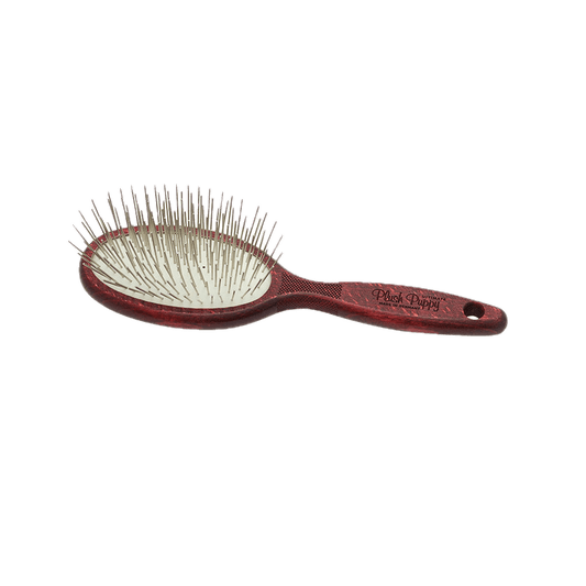 Long pin dog brush with white pins and dark red oval handle