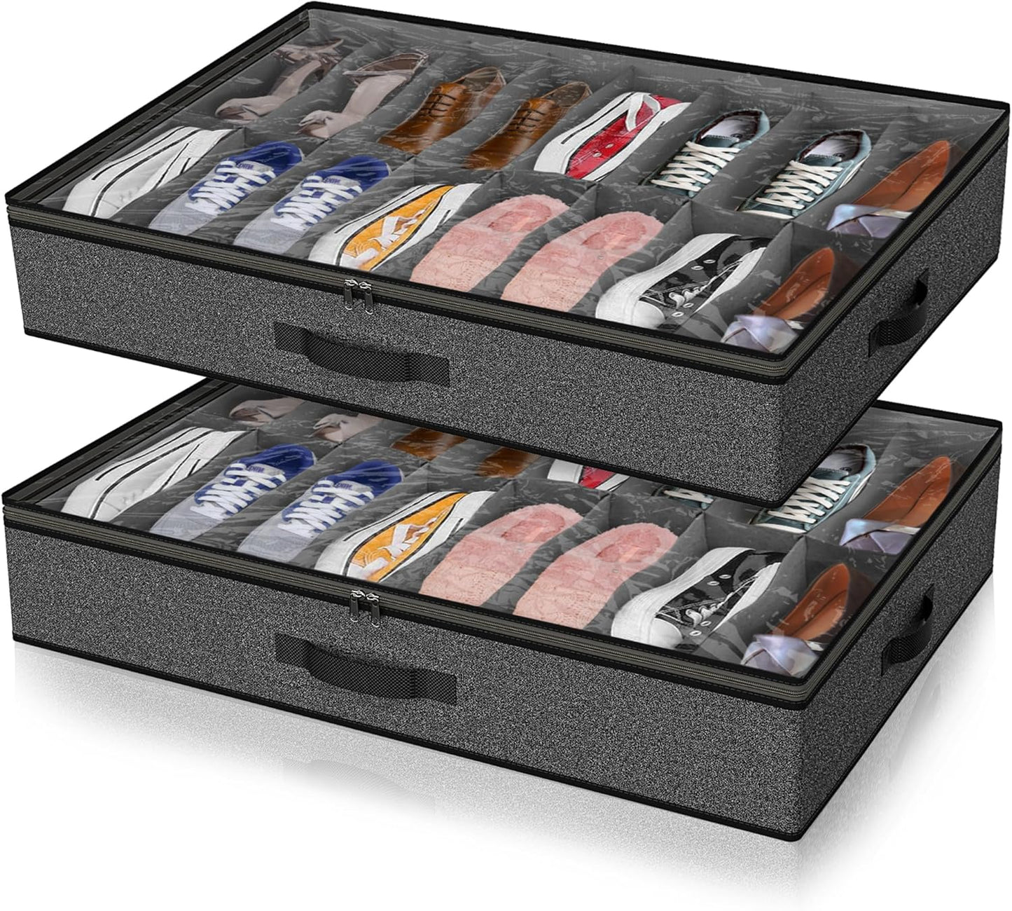 Under Bed Shoe Storage Organizer for Closet, Fits 32 Pairs Underbed Shoes Box Storage Containers Under the Bed Storage Foldable with Sturdy Handles&Clear Window for College Dorms Grey, Set of 2
