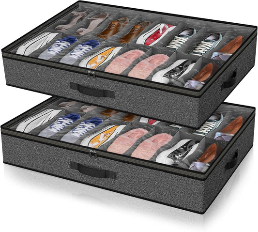 Two grey under-bed shoe storage organizers stacked, each with clear window and handles