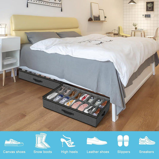 Under-bed shoe storage organizer with grey fabric and clear window showing shoes