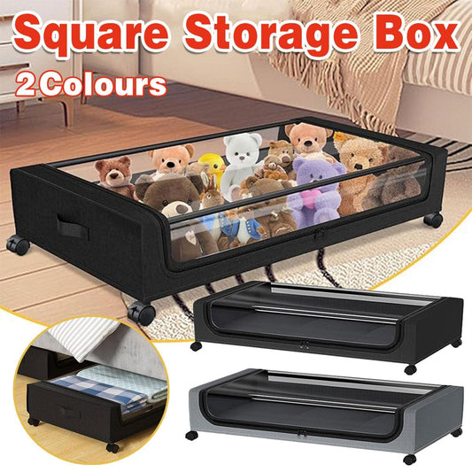 Under-bed rolling storage box with clear window, black frame, side handle and caster wheels