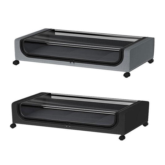 Rolling under-bed storage box with clear window, black and dark gray versions on casters