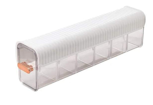 Wall-mounted storage organizer with 6 clear compartments and white top rail