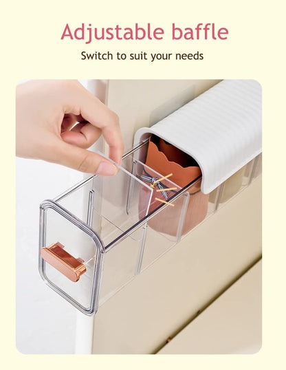 Underwear organizer - Sock organizer - Wardrobe organizer - Wall mounted - No drilling - Storage box with 6 compartments - Lingerie storage - Self-adhesive - Cable organizer - Transparent - Storage system - Space saving - White - 1 piece