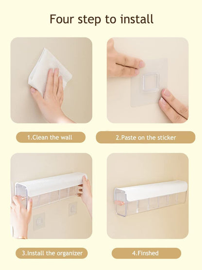 Underwear organizer - Sock organizer - Wardrobe organizer - Wall mounted - No drilling - Storage box with 6 compartments - Lingerie storage - Self-adhesive - Cable organizer - Transparent - Storage system - Space saving - White - 1 piece