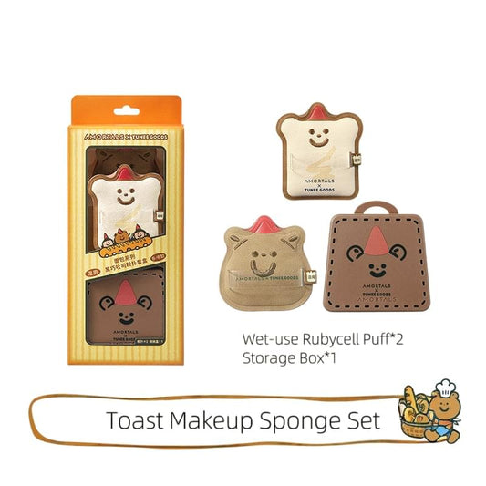 Toast and bear-shaped makeup sponge set with storage box, wet-use puffs