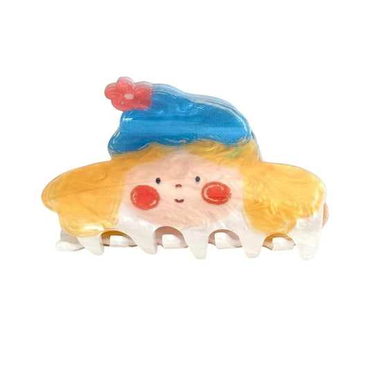 Medium acrylic cartoon hair claw clip with girl face and blue hat