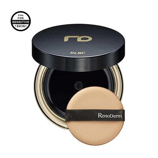 BB cream makeup compact with black lid, round inner pan, and beige puff applicator