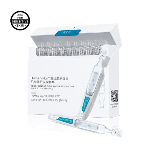 Single-use collagen restoration essence ampoules in white box with tray and vials