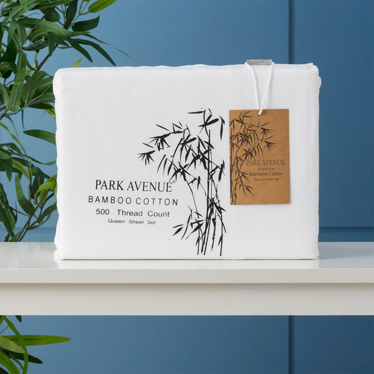 White bamboo cotton sheet set, 500 thread count, folded with tag