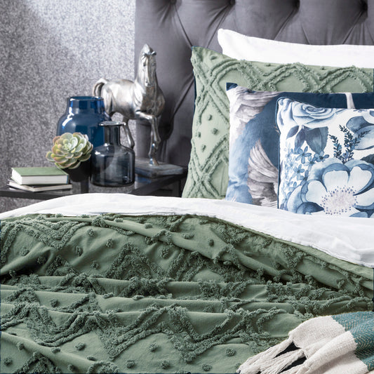Sage green tufted king quilt cover set with diamond medallion texture
