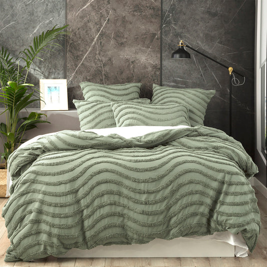 Sage green chenille wave quilt cover set with tufted wavy stripes and matching pillowcases