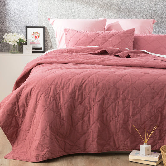 Quilted cotton rose coverlet set with matching pillow shams, vintage stone-washed look