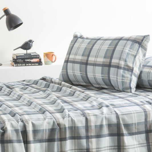 Plaid flannelette sheet set, blue and gray check with matching pillow