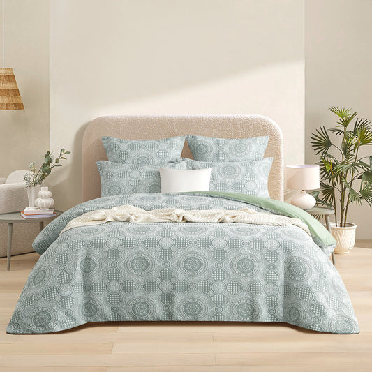Sage blue jacquard queen quilt cover set with circular tile pattern