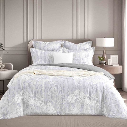 King quilt cover set with light grey jacquard leaf pattern and textured stitching