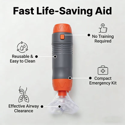 anti-choking device, Heimlich instrument, negative pressure suction, airway clearance, choking emergency, reusable emergency kit, Australian home safety, compact suction device