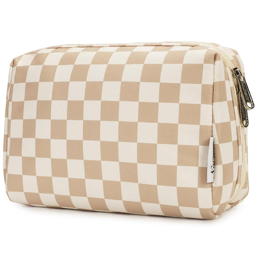Large checkered makeup bag with zipper and top handle, light beige and white