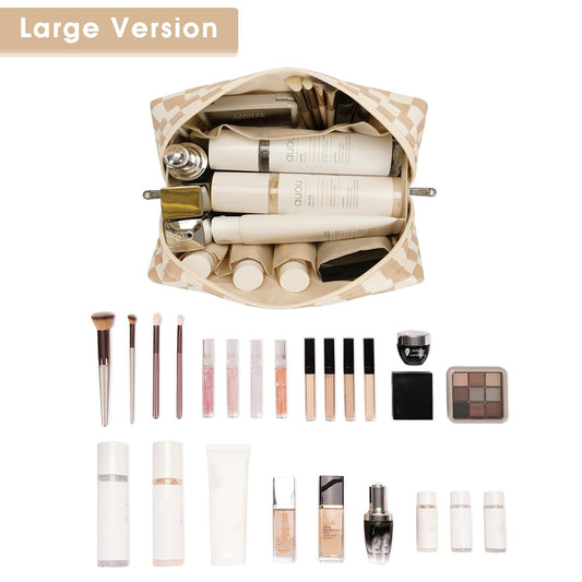 Light checkered makeup bag open with inner compartments and zipper closure