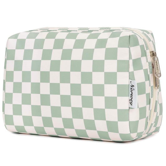Mint green checkered cosmetic bag with zippered closure and top handle