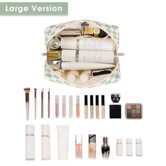 Open mint checkered cosmetic bag with inner compartments and gold zipper hardware