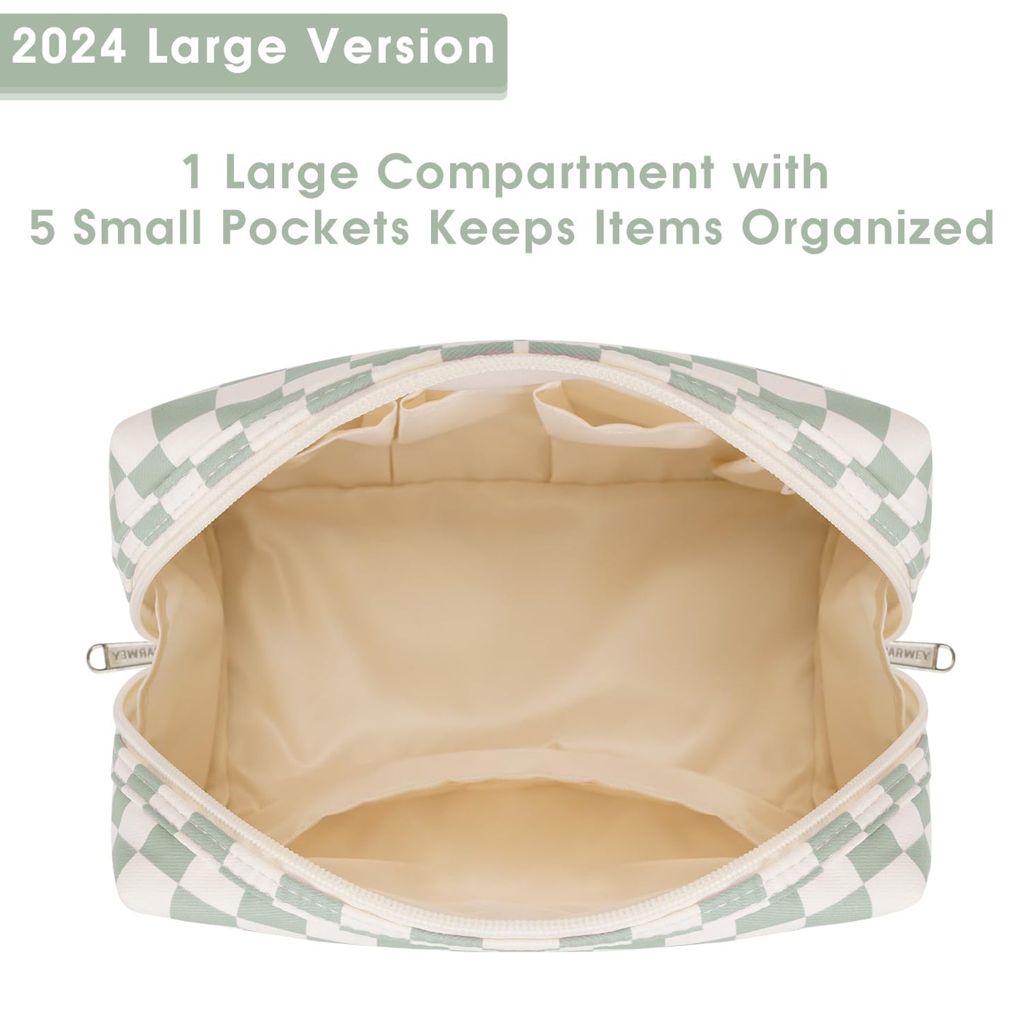 Checkered Makeup Bag Travel Makeup Bag Organizer Bag Makeup Bag Makeup Bag with Compartments for Ladies Girls (Large, Mint Green Checkerboard)