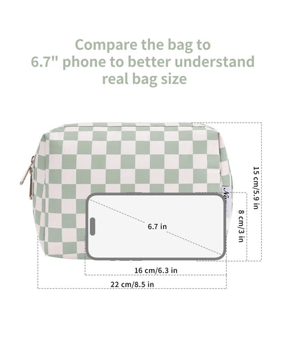 Checkered Makeup Bag Travel Makeup Bag Organizer Bag Makeup Bag Makeup Bag with Compartments for Ladies Girls (Large, Mint Green Checkerboard)