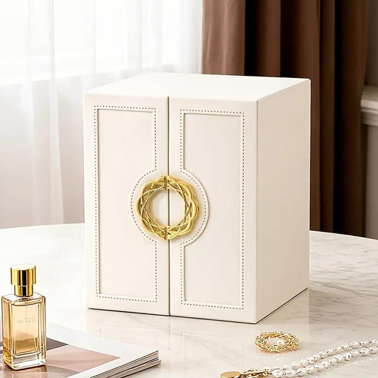 White faux leather jewelry storage box with side door, 5 drawers, gold handles
