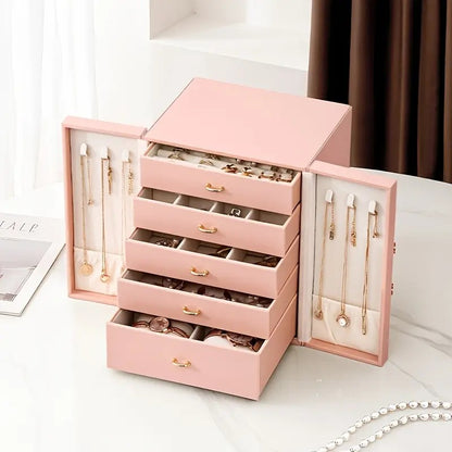 White   1 Large Faux Leather Jewelry Storage Box with 5 Drawers and Gold Handles - An elegant rectangular storage space for rings, necklaces, bracelets, earrings, and watches - Features soft fabric lining, side door design, textured surface finish - Luxur