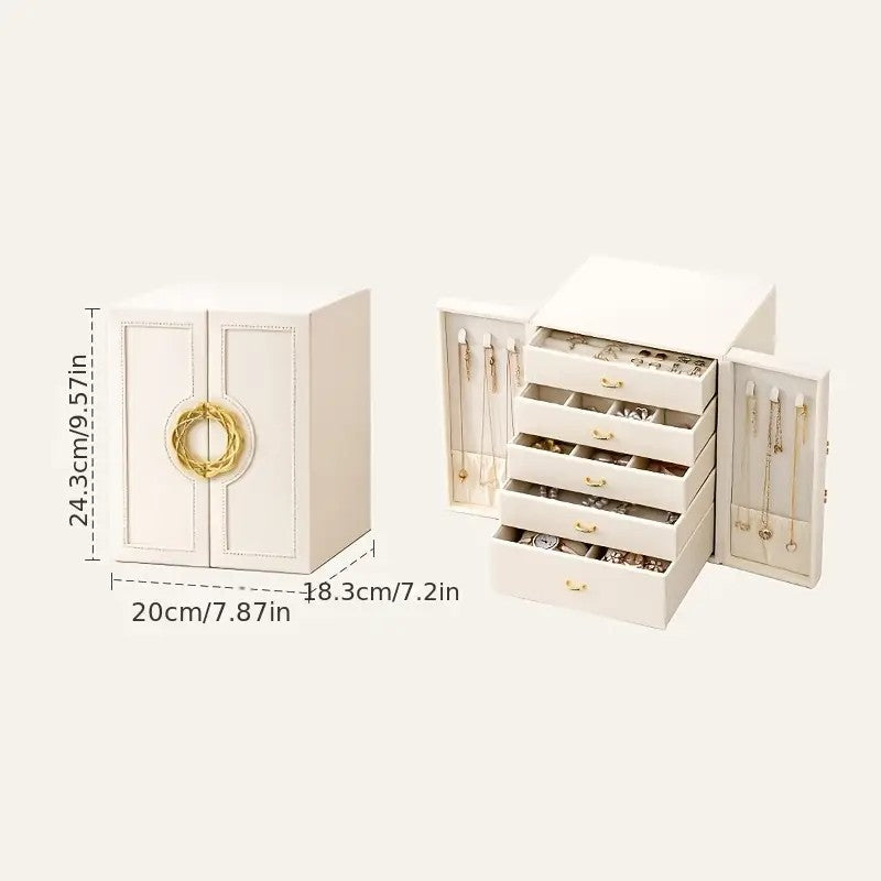 Pink  1 Large Faux Leather Jewelry Storage Box with 5 Drawers and Gold Handles - An elegant rectangular storage space for rings, necklaces, bracelets, earrings, and watches - Features soft fabric lining, side door design, textured surface finish - Luxury