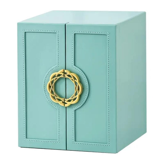 Mint faux leather jewelry storage box with 5 drawers and gold handles, side door open