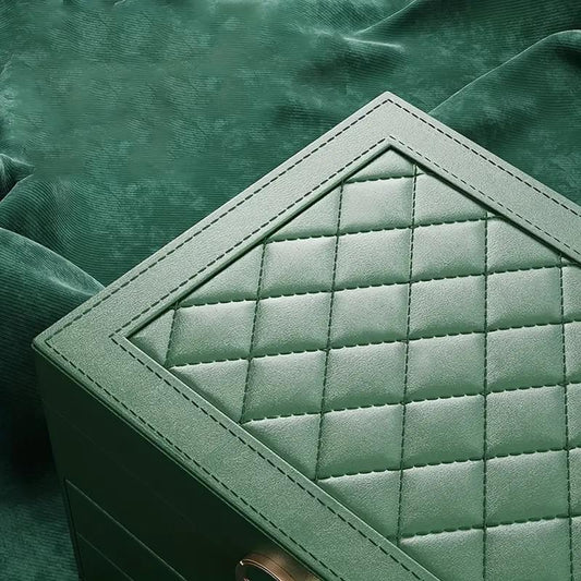 Green jewelry storage box with quilted textured lid and stitched inner panel