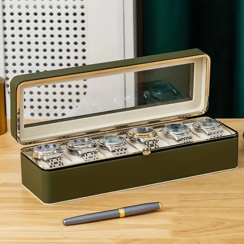 Luxury transparent-lid watch box with 6 fabric-lined compartments, portable and shockproof design, suitable for both men and women. Ideal for home, travel, or gifting—a refined storage solution for fine watches and jewelry. (Black)