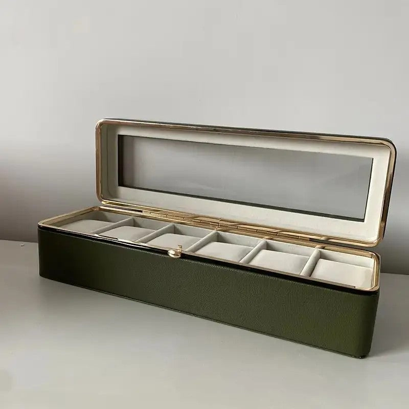 Luxury transparent-lid watch box with 6 fabric-lined compartments, portable and shockproof design, suitable for both men and women. Ideal for home, travel, or gifting—a refined storage solution for fine watches and jewelry. (Black)