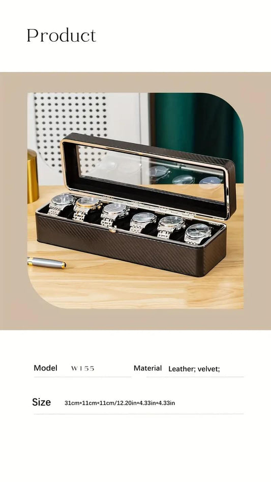 Black watch storage box with transparent window and six velvet-lined watch slots
